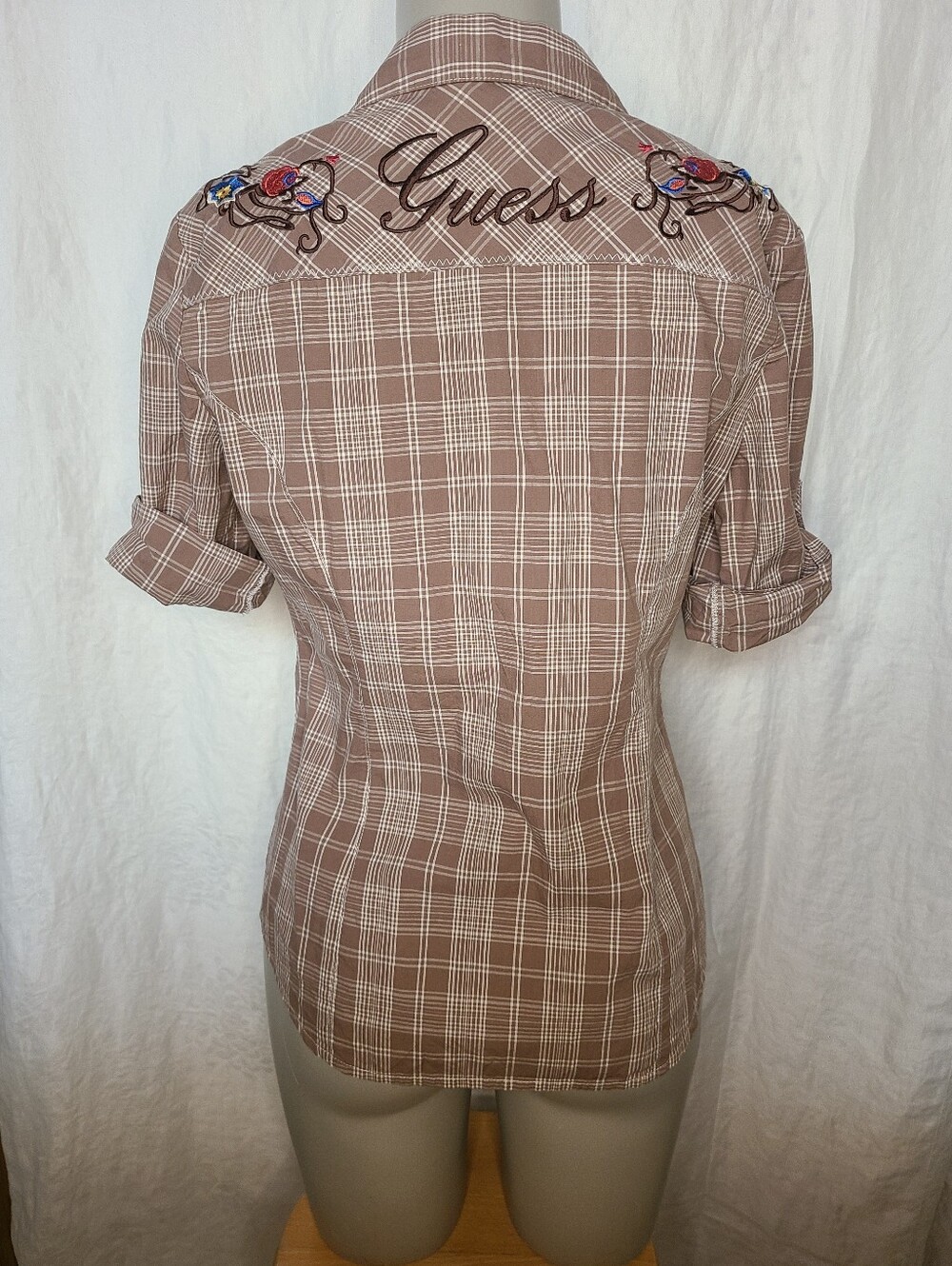 Guess Taupe and White Plaid Button-Front Shirt - Picture 3 of 6